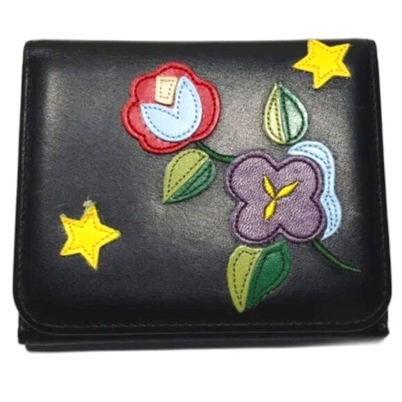 Keita Maruyama Wallet 4.25" x 3.75" - Black Leather - Floral Bi-fold Chic Wallet - Picture 1 of 10